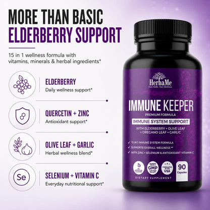 HerbaMe Immune Support Supplement, 15 in 1 Daily Wellness Formula with Elderberry, Quercetin, Zinc, Vitamin C & Selenium, Olive Leaf & Garlic for Men & Women, 90 Capsules