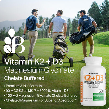 Bronson Vitamin K2+D3 Magnesium Glycinate Supplement, 60 Capsules | 3-in-1 Bone & Heart Health Support Formula, Non-GMO, Gluten Free, Soy Free