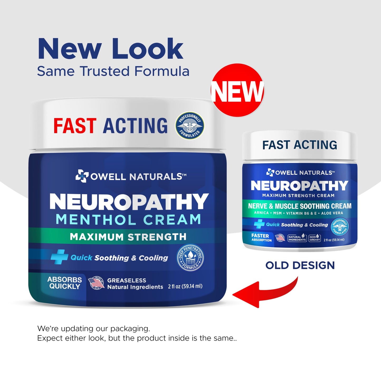 Owell Naturals Neuropathy Cream Extra Strength – Fast Absorbing Cooling for Leg, Feet & Hands – Advanced Soothing Formula with Aloe Vera, Arnica, MSM & Vitamin B6 – Made in USA, 2 fl oz
