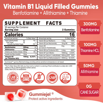 Vitamin B1 & Methylated Vitamin B Complex Gummies, GLP-1 Friendly B Vitamins + Benfotiamine + Thiamine & Inositol, B1 B2 B6 Multivitamins, L-methylfolate, Methyl B12 for Nerve Cognition Energy, 60 Cts