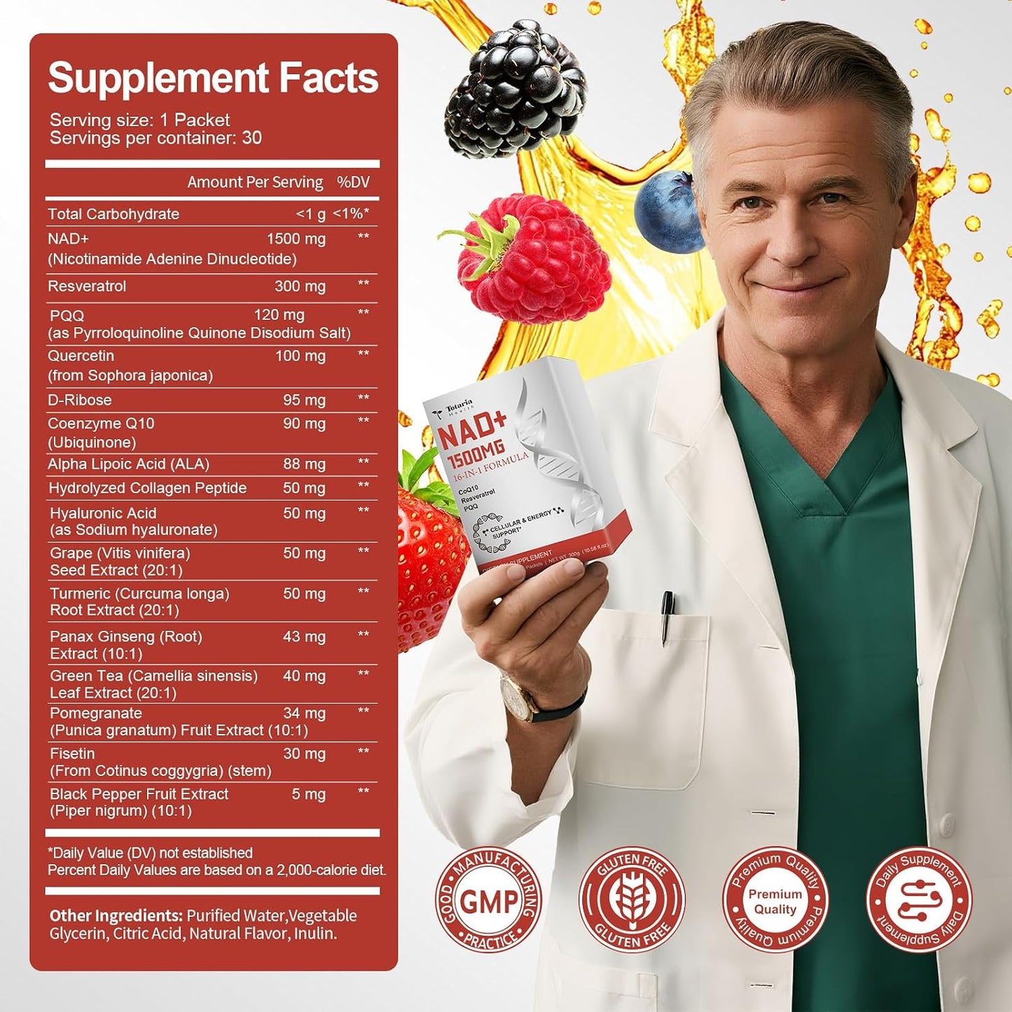 Totaria 16-in-1 NAD Liquid Supplement 1500mg for Men & Women, Extra Strength NAD+ with NMN Precursor, Resveratrol, PQQ, CoQ10, Supports Anti Aging, Energy, Immune, Focus (30 Packets) 1 Months Supply