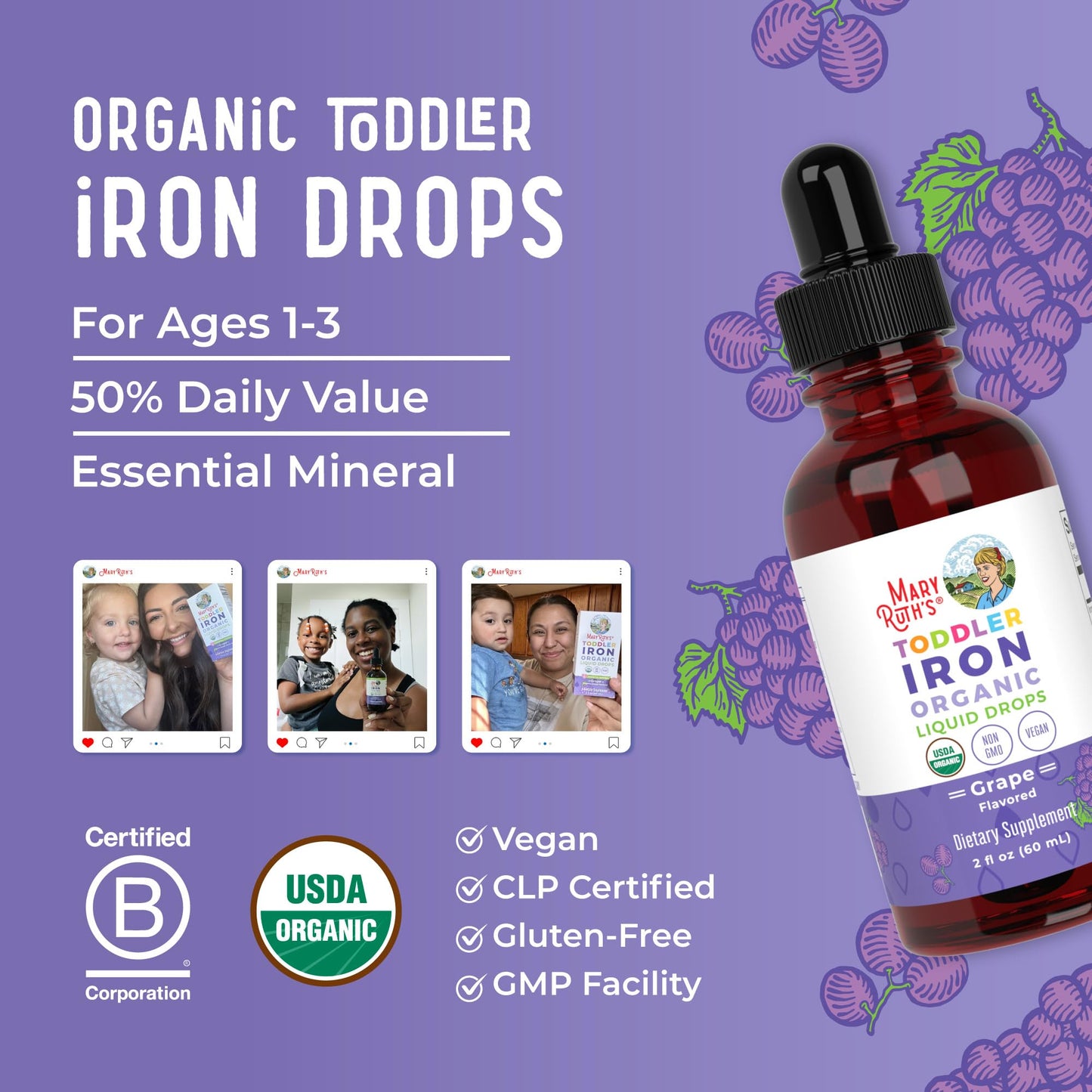 MaryRuth's Iron Supplement for Toddlers | Liquid Iron Supplement for Children Ages 1-3 | Iron Supplement for Iron Deficiency | Ferrochel | Sugar Free | Vegan | Non-GMO | Gluten Free | 2 Fl Oz
