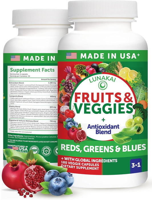 Lunakai USA Made Fruits & Veggies Supplement with 4 Superfood Blends, 180ct | Daily Greens & Reds Capsules with Antioxidants and Plant-Based Nutrients to Support Digestive & Immune Wellness