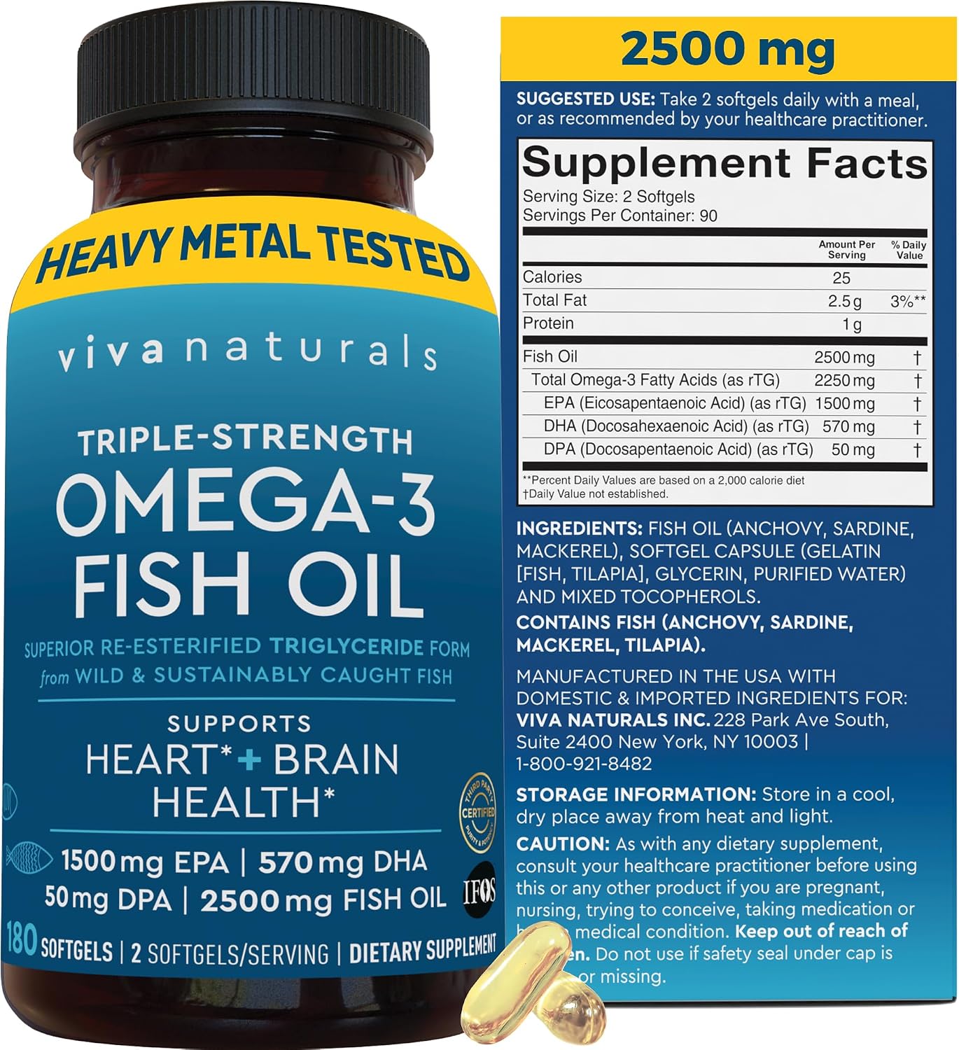 Omega 3 Fish Oil Supplement for Women and Men - 2500 mg Triple Strength Fish Oil per Serving with Omega 3 Fatty Acids Including EPA, DHA DPA - 180 Pescatarian-Friendly Softgels