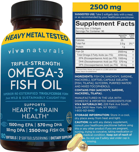 Omega 3 Fish Oil Supplement for Women and Men - 2500 mg Triple Strength Fish Oil per Serving with Omega 3 Fatty Acids Including EPA, DHA DPA - 180 Pescatarian-Friendly Softgels