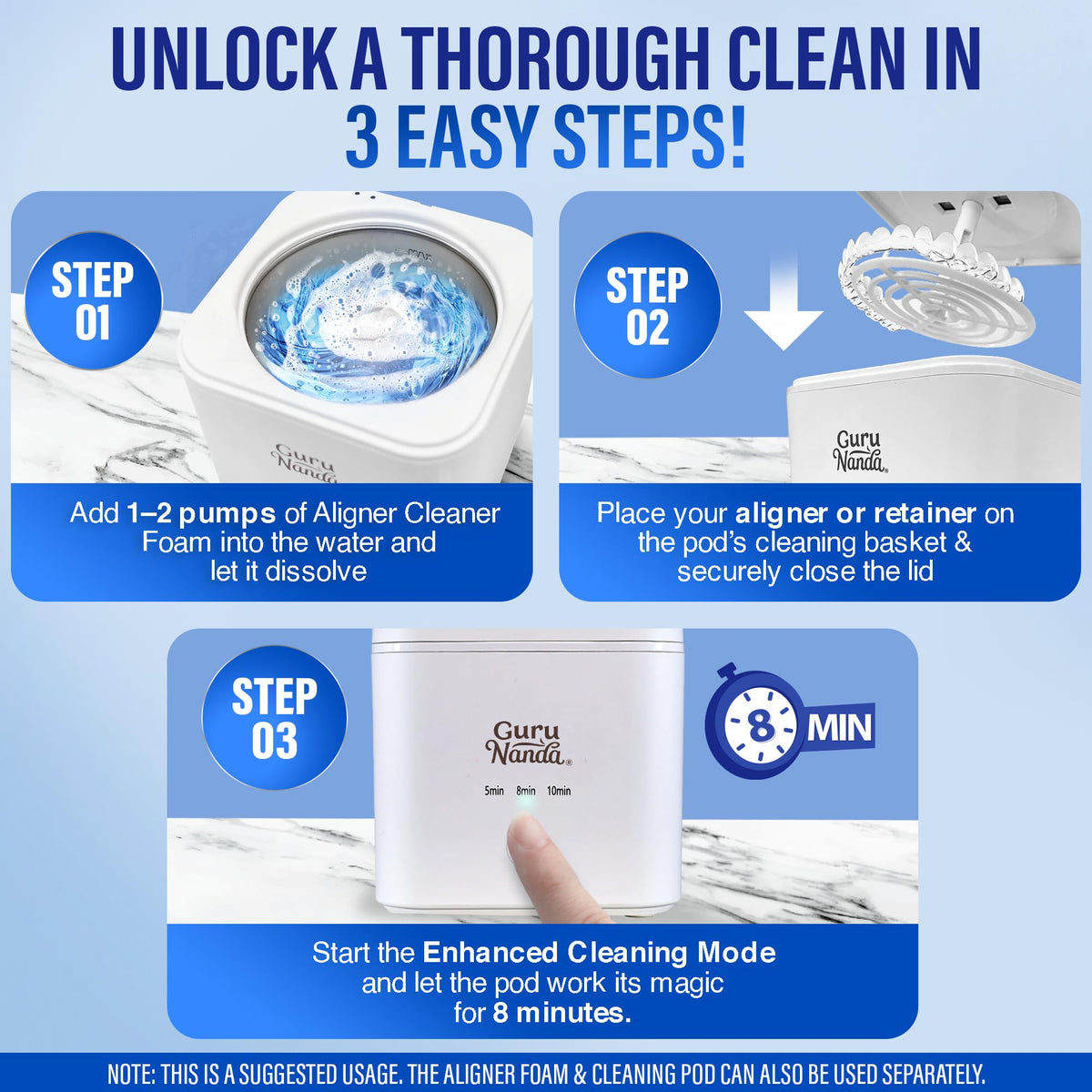 Ultrasonic Retainer Cleaner Machine, 48kHz, Dental Pod with 3 Modes, 200ml