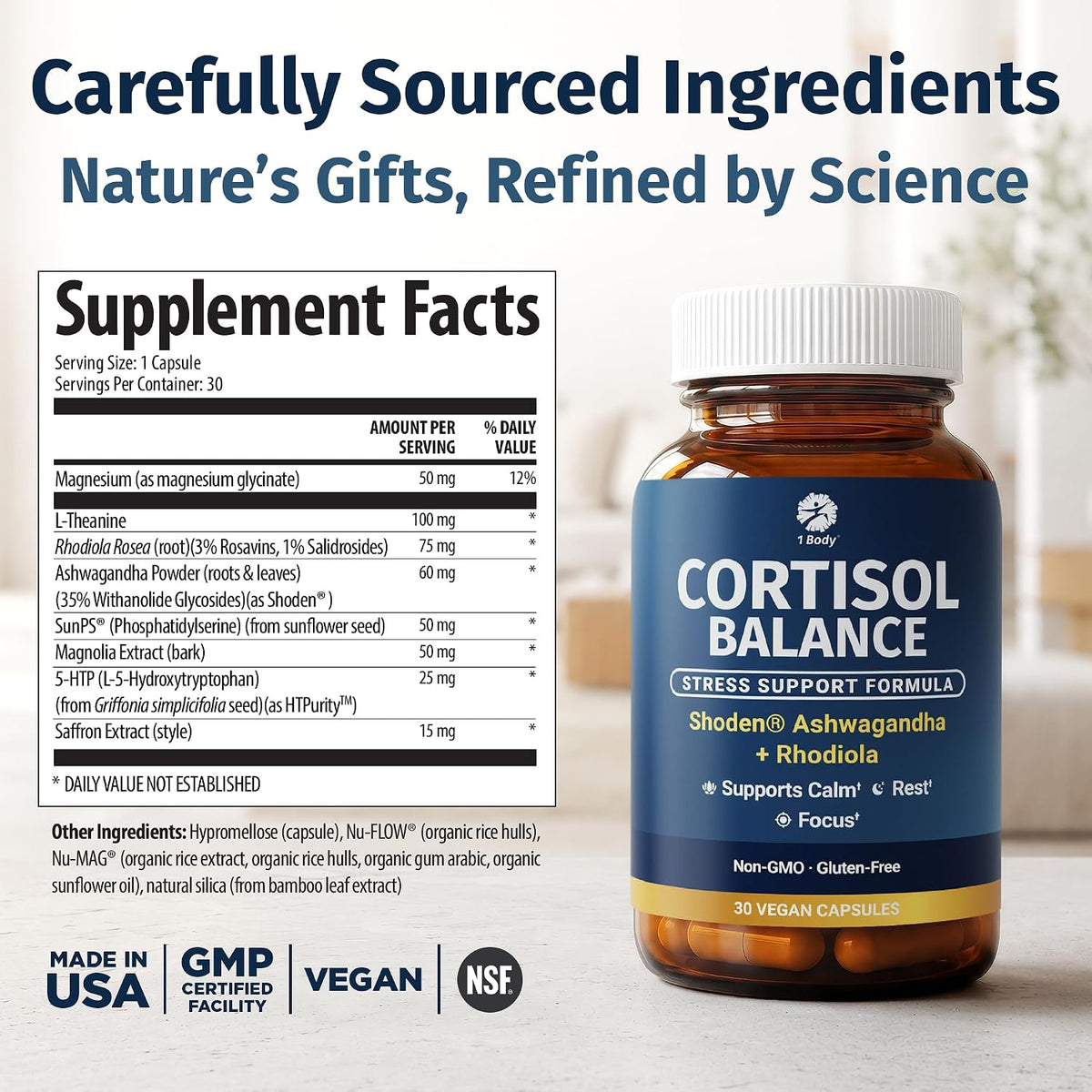 1 Body Cortisol Support with Ashwagandha & Saffron, 30 Vegan Capsules