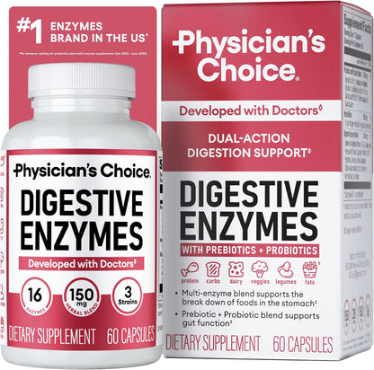 Physician's CHOICE Digestive Enzymes for Bloating & Digestion - Fast-Acting 16 Enzyme Formula with Organic Prebiotics & Probiotics for Gut & Digestive Health - Meal Time Discomfort Relief - 60 CT
