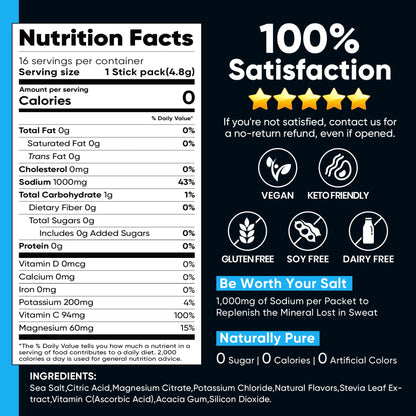 Venture Pal High Sodium Sugar-Free Electrolytes Powder Packets, 16 Sticks | Hydration Packets with Sodium, Potassium & Magnesium, Zero Calories, Keto, Vegan, and Paleo Friendly