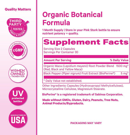Pink Stork Organic Maca Root Capsules for Women, 1500 mg, 60 Count | With BioPeirne, Hormonal Balance, Menstrual Health, Energy, + Vitality Support, Perimenopause Comfort