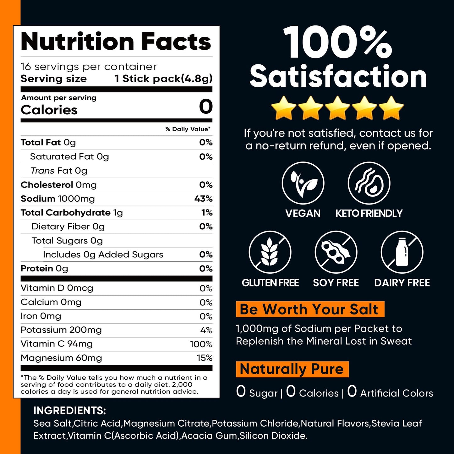 Venture Pal High Sodium Sugar-Free Electrolytes Powder Packets, 16 Sticks | Hydration Packets with Sodium, Potassium & Magnesium, Zero Calories, Keto, Vegan, and Paleo Friendly