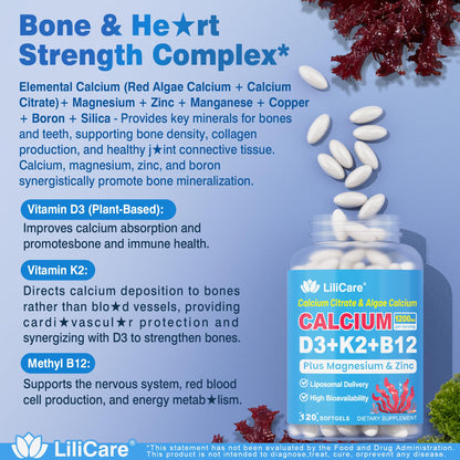 Calcium 1200 mg with Vitamin D3 K2 5000 IU Softgels Supplement for Women Men - Liposomal Calcium Citrate & Algae Calcium Magnesium Zinc + D3 K2 B12, Plant-Based Vegan Vitamin D, Boron for Bone,120ct