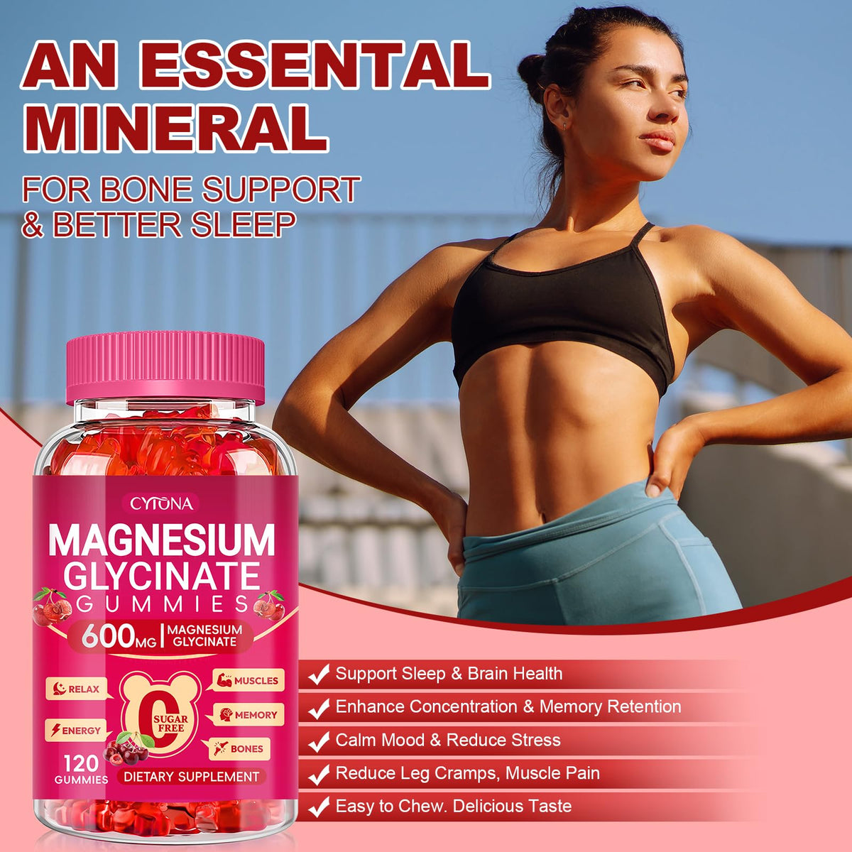 Magnesium Glycinate Gummies 600mg, Sugar Free Magnesium Gummies for Adults