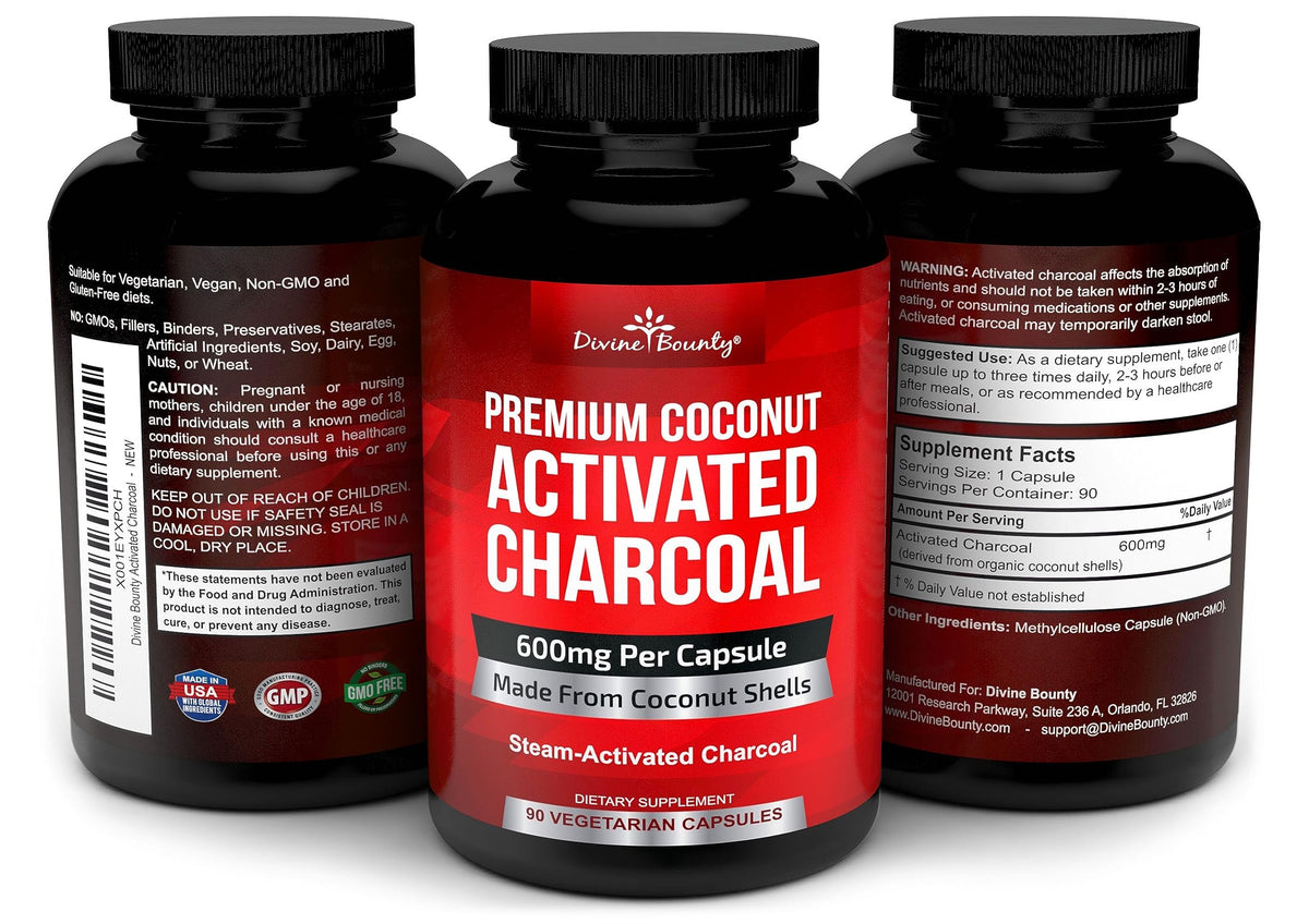 Divine Bounty Organic Activated Charcoal Capsules - 600mg Coconut Charcoal Pills