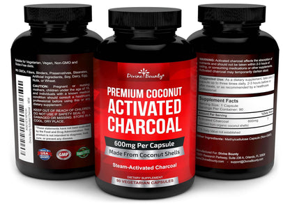 Divine Bounty Organic Activated Charcoal Capsules - 600mg Coconut Charcoal Pills