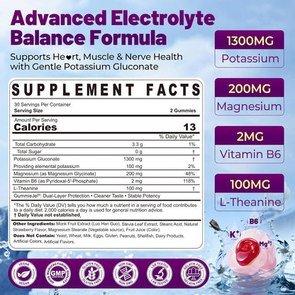 Potassium Gluconate 1300mg Gummies for Adults Women & Men, Potassium Supplements w/Magnesium Glycinate, B6 & L-Theanine, Electrolyte Gummies for Hydration, Energy, Muscle&Night Leg Cramp Relief, 60Ct