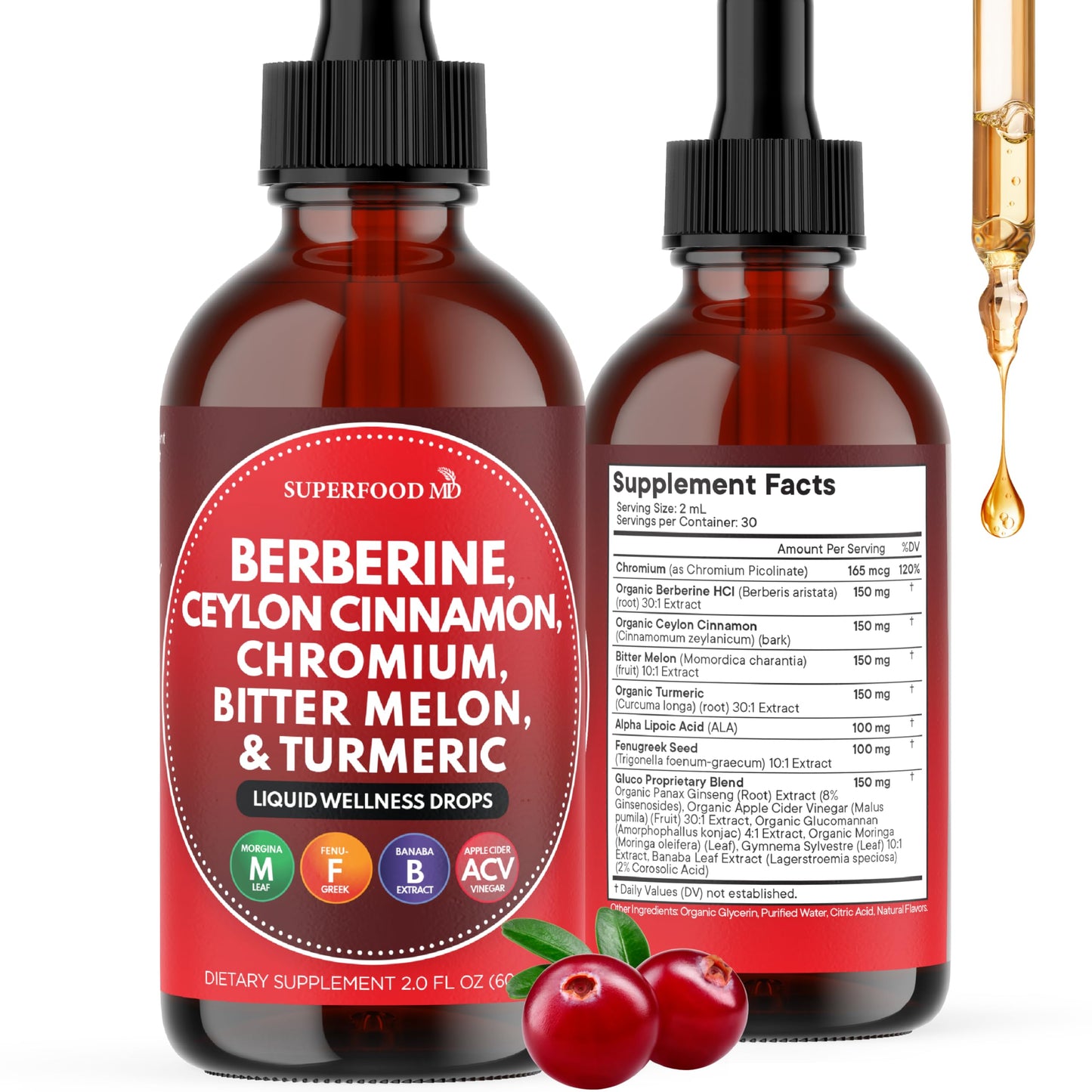 Berberine with Ceylon Cinnamon Supplement Liquid Drops + Bitter Melon Extract, Glucomannan, Gymnema, Chromium, Turmeric, Organic Panax Ginseng, Moringa 4oz