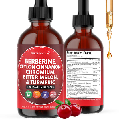 Berberine with Ceylon Cinnamon Supplement Liquid Drops + Bitter Melon Extract, Glucomannan, Gymnema, Chromium, Turmeric, Organic Panax Ginseng, Moringa 4oz