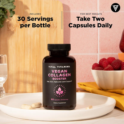 Vital Vitamins Vegan Collagen Booster Supplements, 60 Capsules | Supports Skin, Hair, Nails & Joints, Formulated with 30+ Superfoods, Hyaluronic Acid, Silica & Vitamin A, Non-GMO
