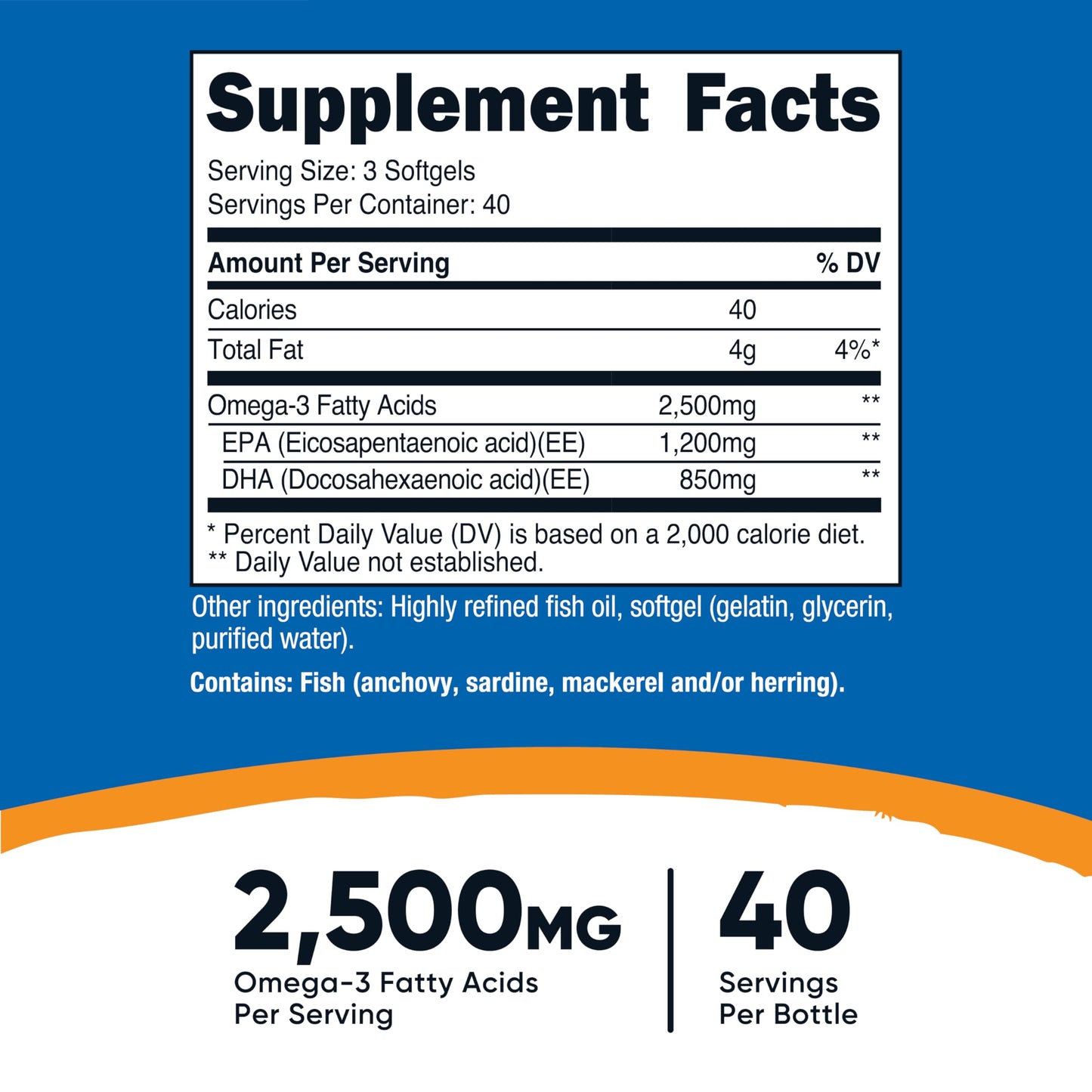 Nutricost Omega 3 Fish Oil (2500MG) 120 Softgels, 40 Servings | Fish Oil, Wild Caught! 1200mg EPA 850mg DHA, GMO-Free, Gluten Free