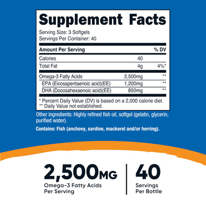 Nutricost Omega 3 Fish Oil (2500MG) 120 Softgels, 40 Servings | Fish Oil, Wild Caught! 1200mg EPA 850mg DHA, GMO-Free, Gluten Free