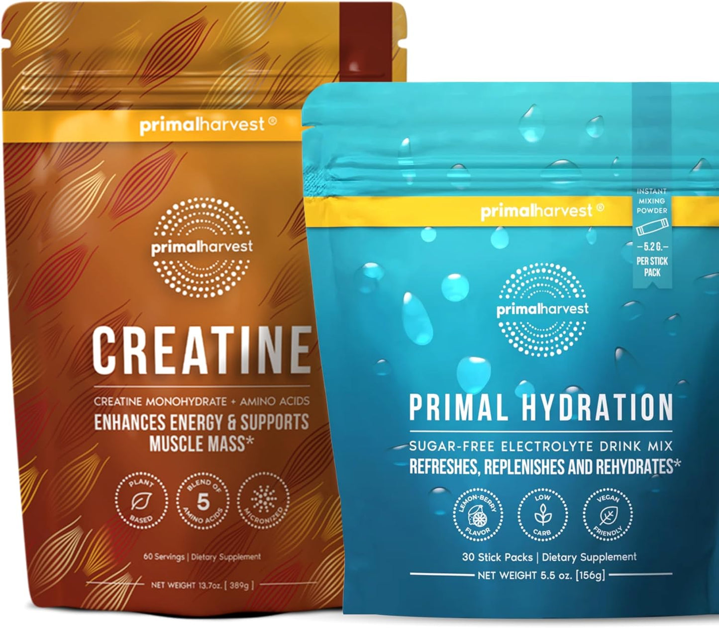 Primal Creatine Powder + Primal Hydration Stick Pack Bundle | 2-Pack | Boost Performance, Recovery & Electrolyte Balance | 30 Servings Each