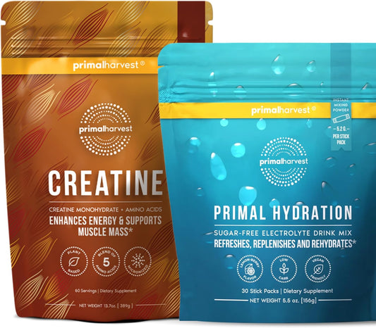 Primal Creatine Powder + Primal Hydration Stick Pack Bundle | 2-Pack | Boost Performance, Recovery & Electrolyte Balance | 30 Servings Each