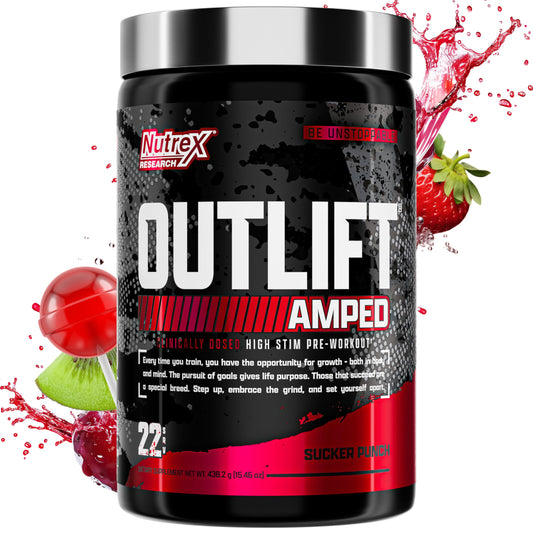 OUTLIFT Amped Max Dosed HIGH STIM Pre Workout Powder 6G Citrulline, 3.2G Beta Alanine, Alpha GPC, CognatiQ, Extreme Energy, Massive Pumps, Electrolytes (Strawberry Watermelon, 22 Servings)