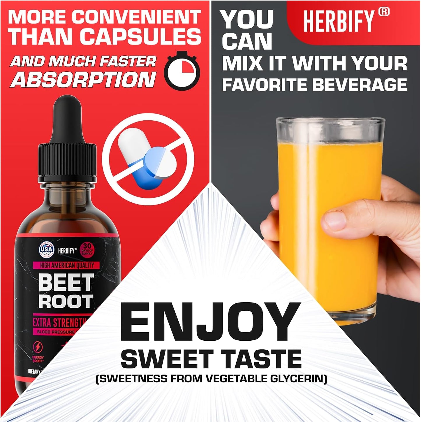 HERBIFY Beet Root Extract - Blood Pressure Supplement & Nitric Oxide Booster - Beetroot Supplement for Heart Health and Energy Booster for Men & Women (30 Days Supply) Made in USA 2 FL Oz