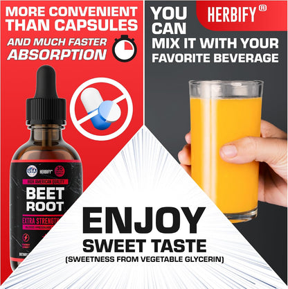 HERBIFY Beet Root Extract - Blood Pressure Supplement & Nitric Oxide Booster - Beetroot Supplement for Heart Health and Energy Booster for Men & Women (30 Days Supply) Made in USA 2 FL Oz