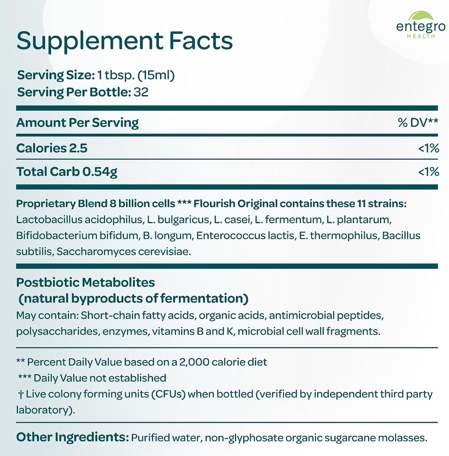 ENTEGRO Flourish Original Liquid Probiotic & Postbiotic Supplement, Plastic | 11 Live Cultures, Gut & Digestive Health For Women, Men & Kids, Organic, Vegan, Allergen Free, Non-GMO, USA Made, 16 fl oz