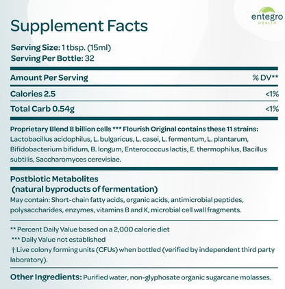 ENTEGRO Flourish Original Liquid Probiotic & Postbiotic Supplement, Plastic | 11 Live Cultures, Gut & Digestive Health For Women, Men & Kids, Organic, Vegan, Allergen Free, Non-GMO, USA Made, 16 fl oz