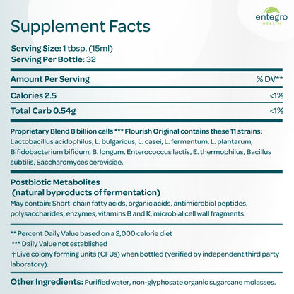 ENTEGRO Flourish Original Liquid Probiotic & Postbiotic Supplement, Plastic | 11 Live Cultures, Gut & Digestive Health For Women, Men & Kids, Organic, Vegan, Allergen Free, Non-GMO, USA Made, 16 fl oz