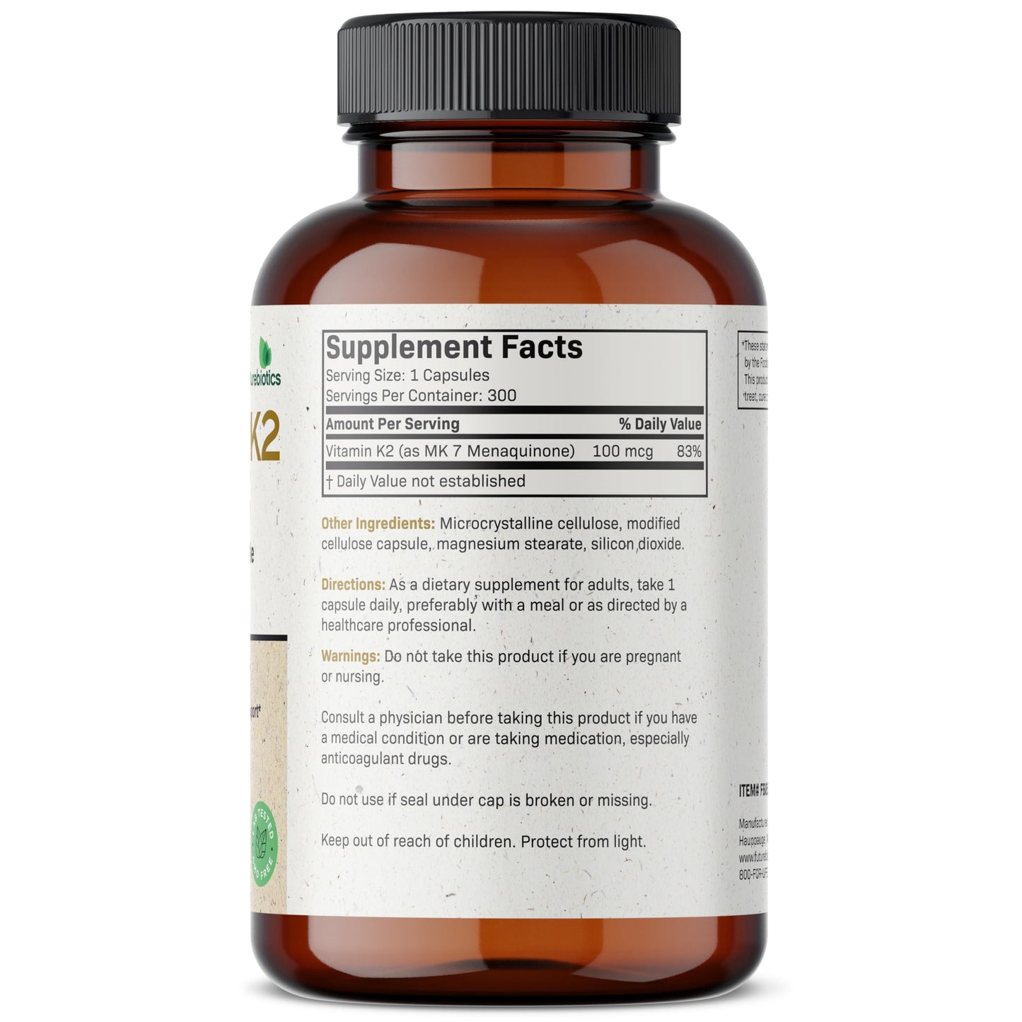 Futurebiotics Vitamin K2 as MK-7 100 mcg, Supports Strong Bones - Non-GMO, 100 Vegetarian Capsules