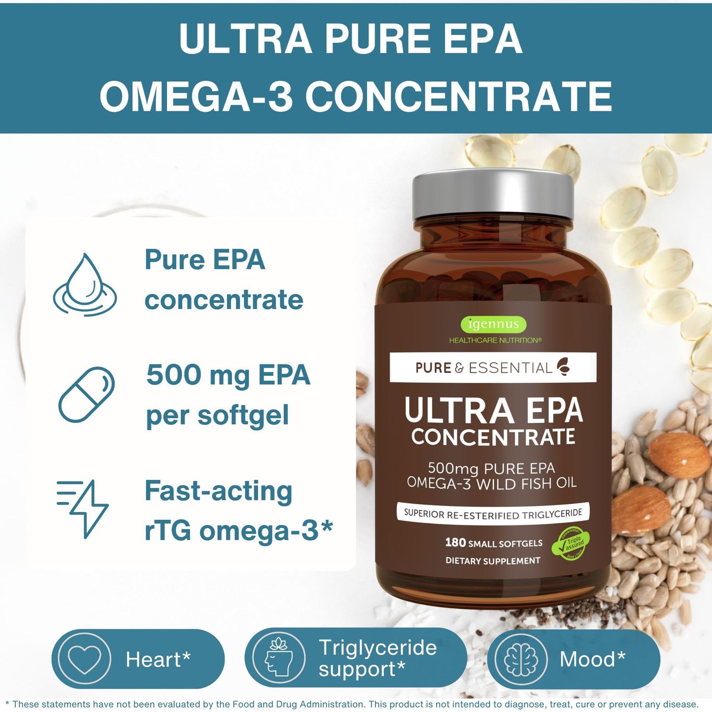 Igennus Ultra Pure EPA Omega-3 500mg, DHA-Free, High EPA rTG, IFOS Certified Fish Oil, Concentrated Triglyceride Form, Non-GMO, 90 Small Softgels