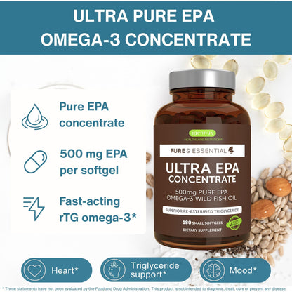 Igennus Ultra Pure EPA Omega-3 500mg, DHA-Free, High EPA rTG, IFOS Certified Fish Oil, Concentrated Triglyceride Form, Non-GMO, 90 Small Softgels