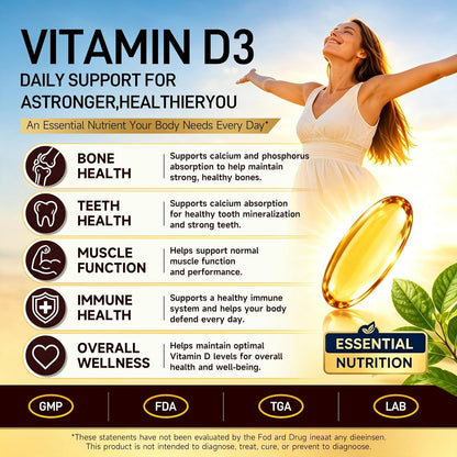 Vitamin D3 5000 IU (125 mcg),360 Day Supply Vitamin D Softgels | USP-Grade Provitas® Softgels with MCT & Olive Oil,High Potency Immune & Bone,Muscle Health Support Supplement,Non-GMO