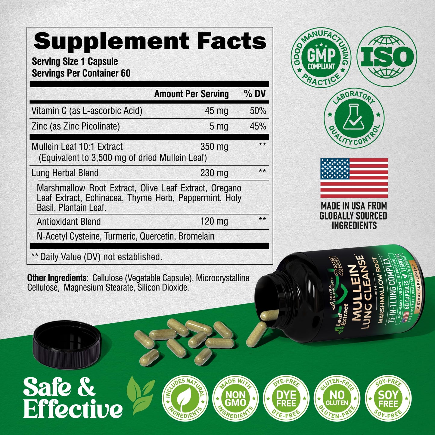 Mullein Lung Detox - Mullein Leaf 10:1 Extract - Marshmallow Root | Echinacea | Oregano | Quercetin | NAC - 15-in-1 Lung Support & Cleanse for Smokers Supplement - for Women & Men - 60 Vegan Capsules