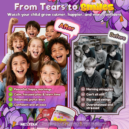 Happy Saffron Gummies for Kids Teen, Organic Saffron + Magnesium Glycinate Supplement with Probiotics, L-Theanine, Chamomile, D3, B6, B12 for Children's Focus & Mood, Calm, Sleep, Sugar Free, 120 Cts