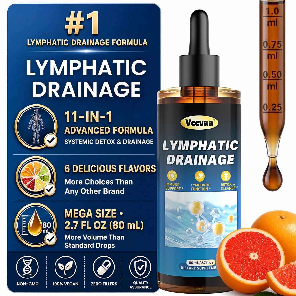 Lymphatic Drainage Drops - Organic Lymphatic Drops, Herbal Liquid Support for Natural Fluid Balance & Immunity - Burdock Root, Elderberry & Calendula -Lemon Flavor, 2.7 Fl Oz