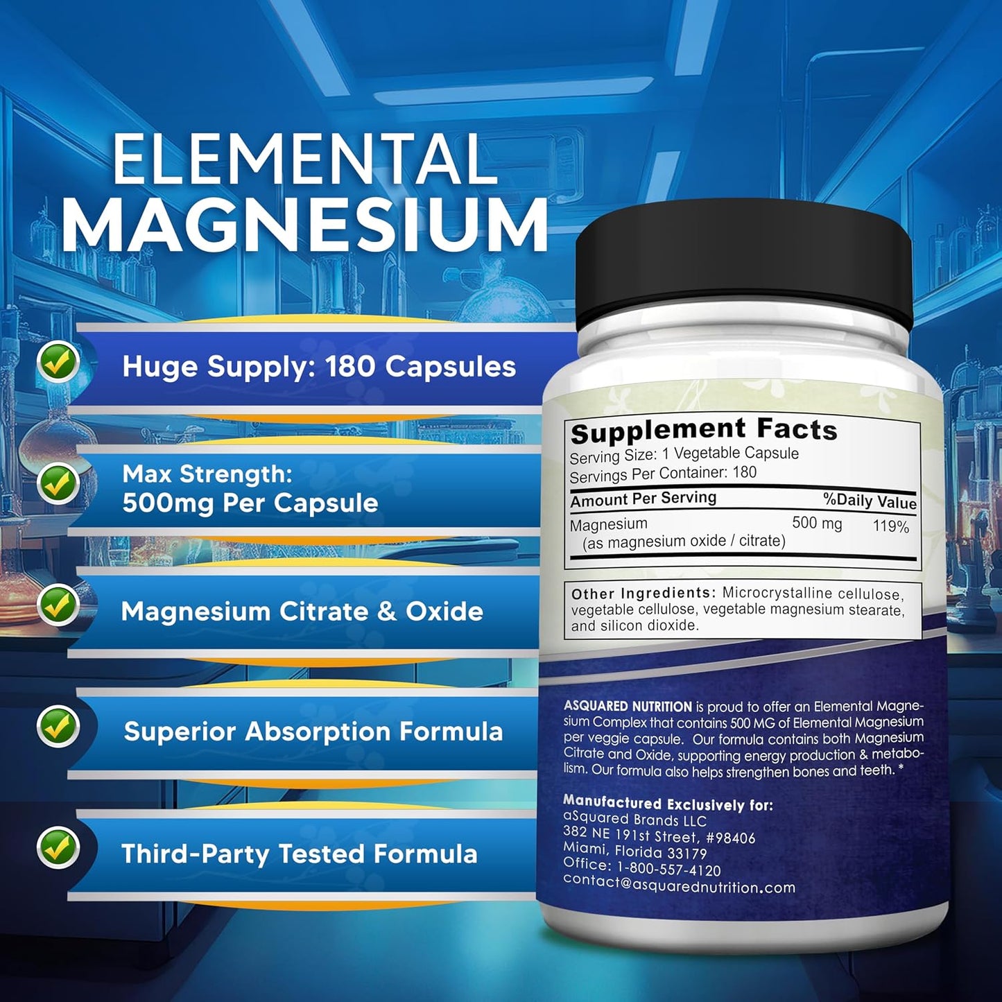 aSquared Nutrition Proprietary Magnesium 500mg – High Absorption Magnesium Citrate & Oxide – 180 Veggie Capsules, 180 Day Supply – USA Formulated & Third-Party Tested