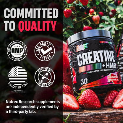 Nutrex Research Creatine HMB Powder - Creatine Monohydrate Powder with HMB for Muscle Growth, Strength, Energy and Performance - Transparent Formula - Strawberry Watermelon Flavor - 30 Servings