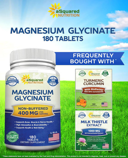 aSquared Nutrition Magnesium Glycinate 400mg - 180 Tablets - Max Strength Magnesium Bisglycinate Supplement -Maximum Bioavailability & Absorption-Non-GMO -Not Buffered-Supports Muscles, Bones & Heart
