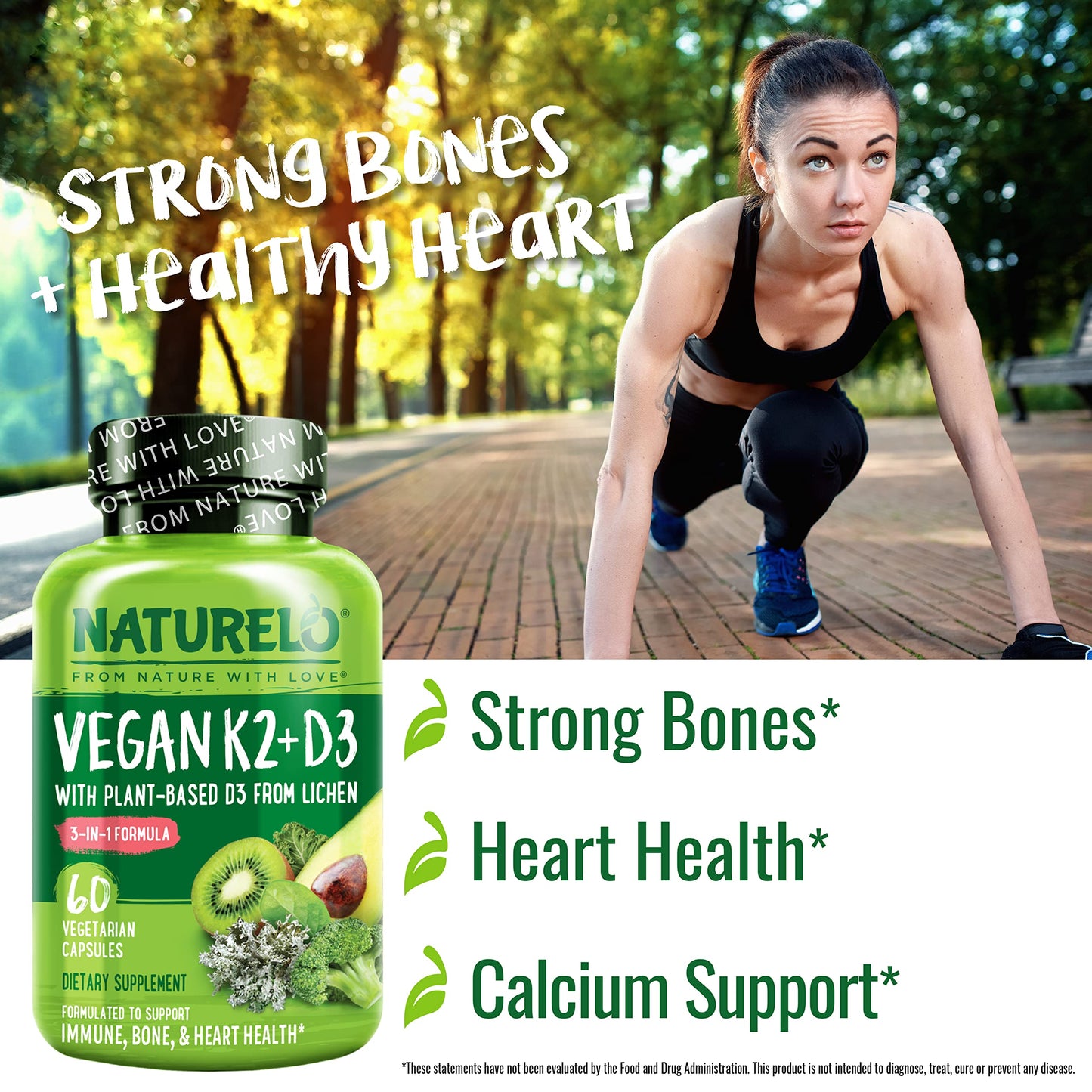 NATURELO Vitamin D3 K2 - Vegan with Plant Based D3 from Lichen - Natural Supplement for Immune System, Bone Support, Heart Health - Whole Food - Non-GMO - Gluten Free, 60 Capsules