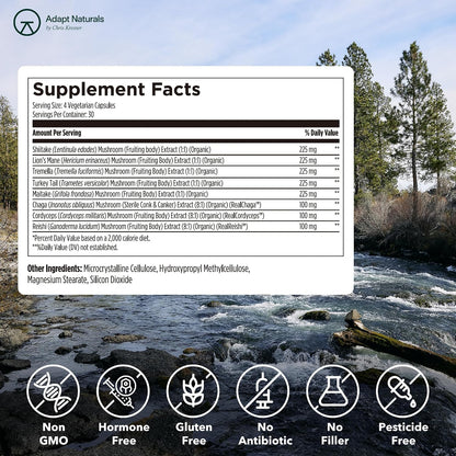 Adapt Naturals Bio-Avail Myco, 8-in-1 Superfood Mushroom Supplement Complex | Lions Mane, Chaga, Cordyceps, Reishi, Shiitake, Tremella, Turkey Tail, Maitake - Immune & Cognitive Function - 30 Day Supply
