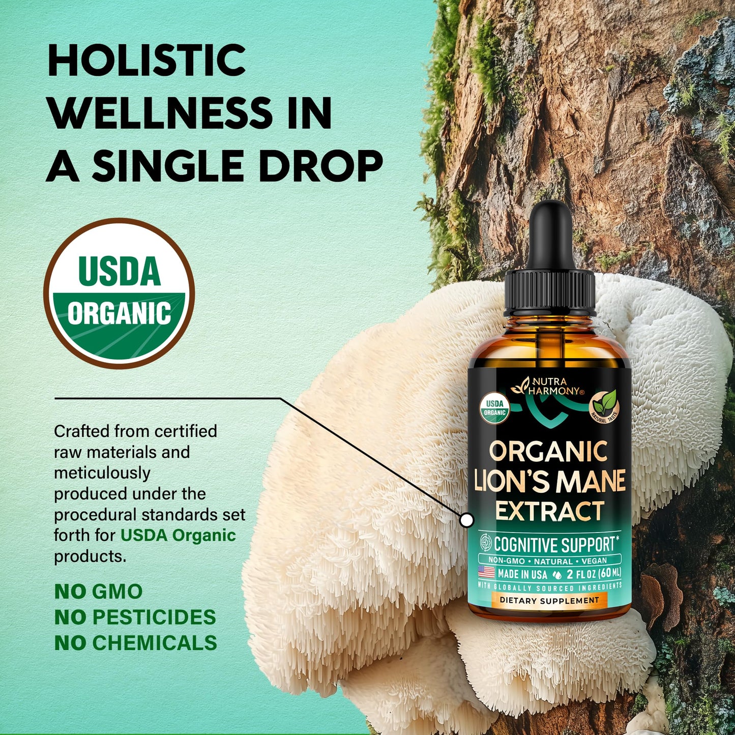 Lions Mane Liquid - USDA Certified Organic Lions Mane Supplement - Brain Support, Energy, Memory & Focus - Sugar & Alcohol-Free Lion's Mane Mushroom Extract 72,000 mg / Bottle, 2 Fl OZ, 2 Month Supply