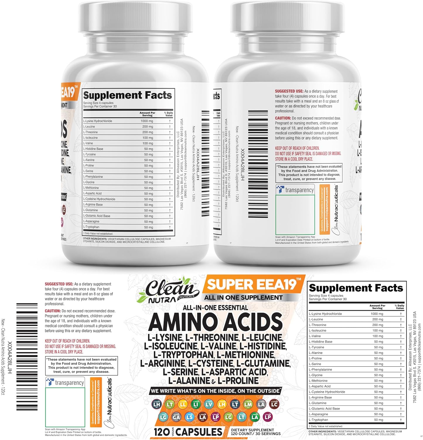 Clean Nutraceuticals Amino Acids Supplement L-Lysine, L-Threonine, L-Leucine, Isoleucine, Valine, L-Histidine, L-Tryptophan, L-Methionine, L-Arginine, L-Cysteine, L-Glutamine, L-Serine, Aspartic Acid