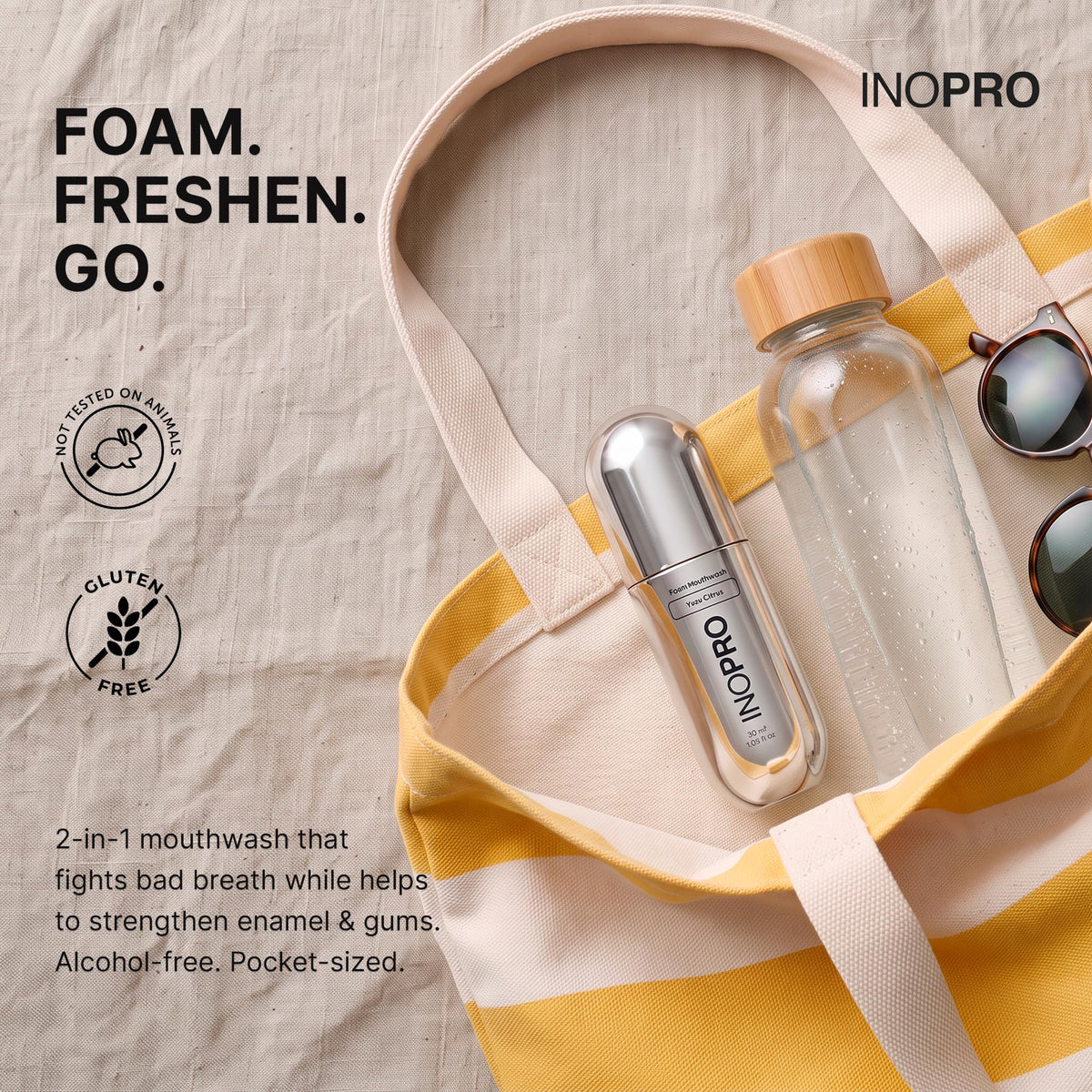 INOPRO Foam Mouthwash with Nano-Hydroxyapatite, Xylitol, Hyaluronic Acid, Vinamin C, Alcohol Free, Fluoride Free Oral Rinse Portable Travel Size - Spearmint, 2.03 fl oz