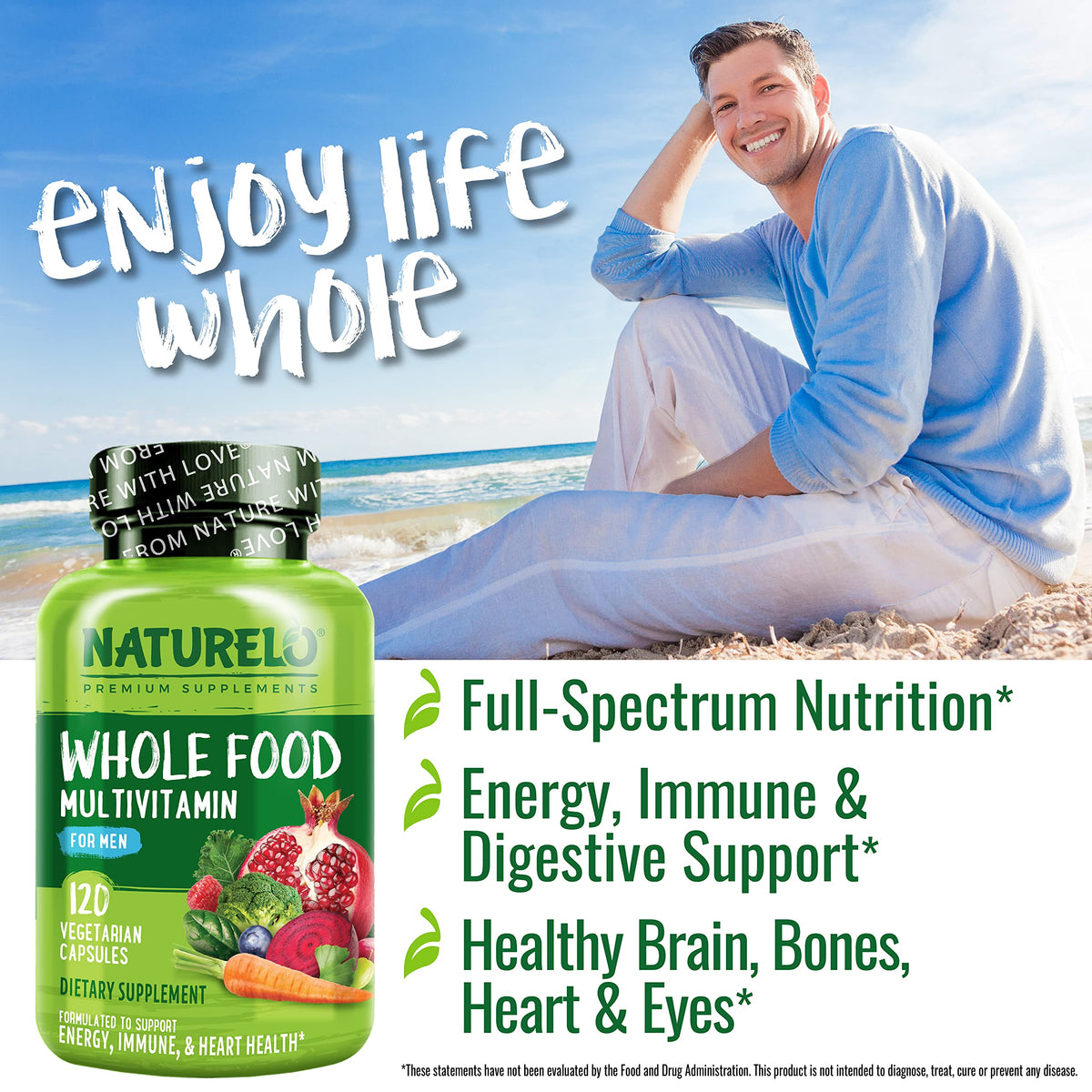 NATURELO Whole Food Multivitamin for Men - with Vitamins, Minerals, Organic Herbal