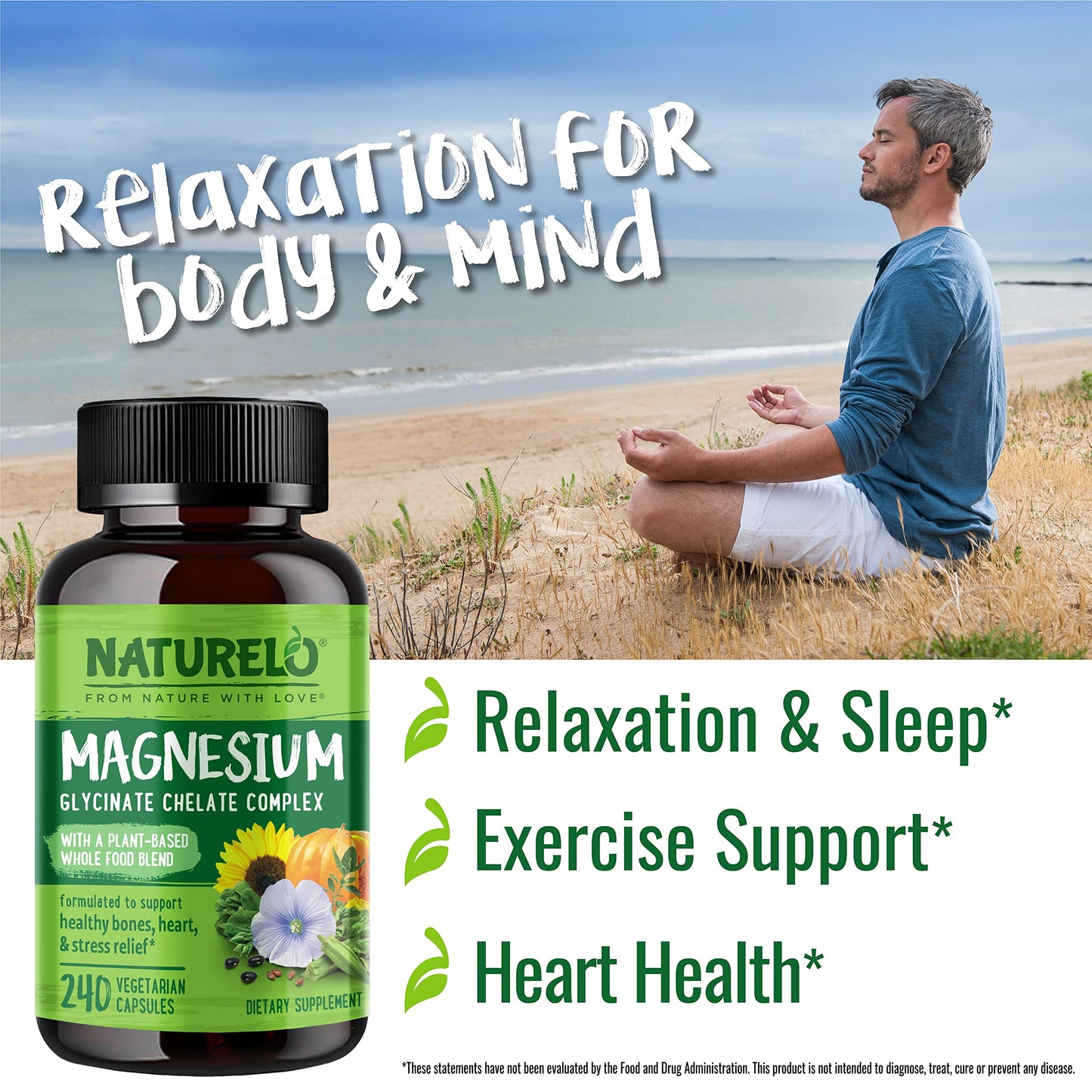 NATURELO Magnesium Glycinate Chelate Complex - 200 mg Magnesium with Organic Vegetables to Support Sleep, Calm, Muscle Cramp & Stress Relief - Gluten Free, Non GMO - 120 Capsules